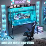 Besiost Gaming Desk with Hutch and LED Lights, Gaming Computer Desk with Power Outlets, Gamer Desk with Storage Shelves, PC Game Desks with Pegboards, for Bedroom, Carbon Fiber Black, 49"