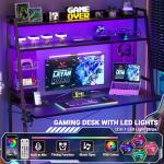 Besiost Gaming Desk with Hutch and LED Lights, Gaming Computer Desk with Power Outlets, Gamer Desk with Storage Shelves, PC Game Desks with Pegboards, for Bedroom, Carbon Fiber Black, 49"