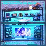 Besiost Gaming Desk with Hutch and LED Lights, Gaming Computer Desk with Power Outlets, Gamer Desk with Storage Shelves, PC Game Desks with Pegboards, for Bedroom, Carbon Fiber Black, 49"