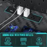 Besiost Gaming Desk with Hutch and LED Lights, Gaming Computer Desk with Power Outlets, Gamer Desk with Storage Shelves, PC Game Desks with Pegboards, for Bedroom, Carbon Fiber Black, 49"