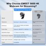 EMEET S600 4K Webcam for Streaming - Sony 1/2.55'' Sensor, PDAF Autofocus, 1080P@60FPS, 2 Noise Reduction Mics, Built-in Privacy Cover, 73° FOV, Streaming Camera for Live Commerce/Gaming/Beauty