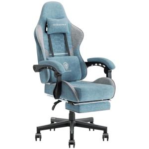 Dowinx Gaming Chair Fabric with Pocket Spring Cushion, Massage Game Chair Cloth with Headrest, Ergonomic Computer Chair with Footrest 290LBS, Blue and Grey