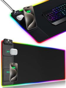 XXL Mouse Pad with Phone Holder - Black, RGB Desk Mat with 15W Fast Charging, LED Gaming Mousepad with 11 Light Colors, Waterproof Non-Slip Pad for Office & Home