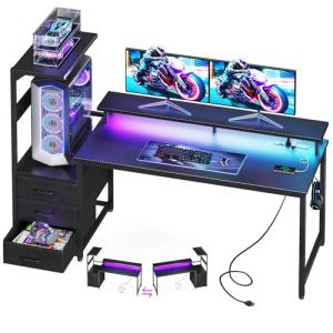Casaottima 59 Inch Gaming Desk with USB Charging Ports & LED Light - Reversible Computer Desk with 3 Fabric Drawers, Monitor Stand, CPU Stand, and Side Hook, Modern Office Desk, Pure Black