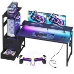 Casaottima 59 Inch Gaming Desk with USB Charging Ports & LED Light - Reversible Computer Desk with 3 Fabric Drawers, Monitor Stand, CPU Stand, and Side Hook, Modern Office Desk, Pure Black