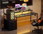 Casaottima 59 Inch Gaming Desk with USB Charging Ports & LED Light - Reversible Computer Desk with 3 Fabric Drawers, Monitor Stand, CPU Stand, and Side Hook, Modern Office Desk, Pure Black