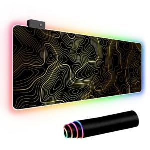 RGB Mouse Pad LED Desk Mat Large Gaming Mousepad Black and Gold Line Design, Keyboard Pad XL Mouse Mat for Home and Office (Black with Gold Topographic Line)
