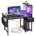 Grandder Gaming Desk 40 Inch with Power Outlet and LED Light, Computer Desk with Reversible Shelves and Storage Drawer, Pc Small Desk for Home Office Table with Bag, Carbon Fiber Black