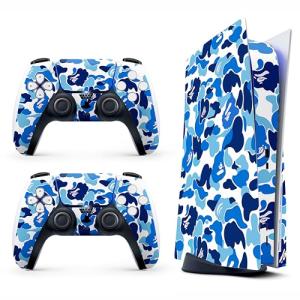Skin Sticker for Game Console 5 Cover - Blue Camo, Compatible with Both Disc Edition & Digital Edition (not Slim Ver) - 2 Controller Skins & Console Skin - No Bubble, Full Protection, Removable
