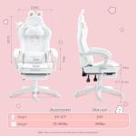 Dowinx Gaming Chair Cute with Cat Ears and Massage Lumbar Support, Ergonomic Computer Chair for Girl with Footrest and Headrest, Comfortable Reclining Game Chair 290lbs for Adult, Teen, White