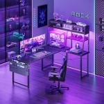 AODK L Shaped Gaming Desk with Led Lights, 51 Inch Reversible Gaming Computer Desk with Display Shelves, PC Gamer Desk Gamer Table with Storage Bag, L Desk for Game, Black