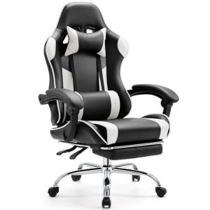 Sweetcrispy Video Game Desk Chair - Ergonomic Computer with Footrest and Comfy Lumbar Support, PU Leather Recliner with Headrest, Dynamic Armrest, Height Adjustable with 360° Swivel, White, Adults