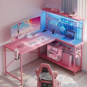 Bestier Gaming Desk 51" L-Shaped, with Power Outlets & LED Lights- 4 Tier Shelves, Reversible Gamer Table with Hooks & Cup Holder for Home Office Carbon Fiber Pink