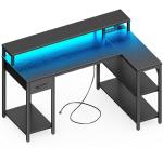 SUPERJARE 47 inch L Shaped Gaming Desk with LED Lights & Power Outlets, Reversible Computer Desk with Shelves & Monitor Stand, Corner Desk with Drawer, for Home & Office, Black