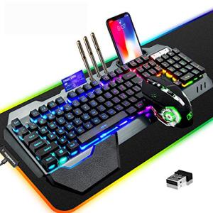 Wireless Gaming Keyboard Mouse & Mouse Pad Kit,3 in 1 RGB Backlit Rechargeable Keyboard Mouse with 3800mAh Battery Metal Panel Removable Hand Rest,RGB Gaming Mousepad(32.5x12inch),Gaming Mouse