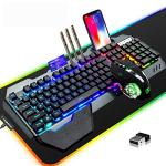 Wireless Gaming Keyboard Mouse & Mouse Pad Kit,3 in 1 RGB Backlit Rechargeable Keyboard Mouse with 3800mAh Battery Metal Panel Removable Hand Rest,RGB Gaming Mousepad(32.5x12inch),Gaming Mouse