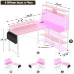 Aheaplus L Shaped Gaming Desk with Power Outlets & LED Lights, Small L- Shaped Desk Computer Corner Desk with Monitor Stand & Storage Shelf, Home Office Desk Writing Desk with Storage Bag, Pink