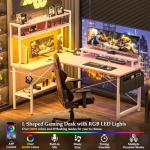 Aheaplus L Shaped Gaming Desk with Power Outlets & LED Lights, Small L- Shaped Desk Computer Corner Desk with Monitor Stand & Storage Shelf, Home Office Desk Writing Desk with Storage Bag, Pink