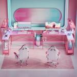 Bestier Gaming Desk 51" L-Shaped, with Power Outlets & LED Lights- 4 Tier Shelves, Reversible Gamer Table with Hooks & Cup Holder for Home Office Carbon Fiber Pink
