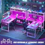Aheaplus L Shaped Gaming Desk with Power Outlets & LED Lights, Small L- Shaped Desk Computer Corner Desk with Monitor Stand & Storage Shelf, Home Office Desk Writing Desk with Storage Bag, Pink