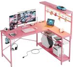 Bestier Gaming Desk 51" L-Shaped, with Power Outlets & LED Lights- 4 Tier Shelves, Reversible Gamer Table with Hooks & Cup Holder for Home Office Carbon Fiber Pink