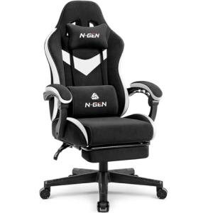 N-GEN GAMING Video Gaming Chair with Footrest Lumbar Support for Home Office High Back Recliner Height Adjustable Ergonomic Comfy Fabric Computer Desk Chair (Black)