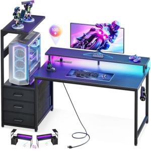 Casaottima 52 Inch Gaming Desk with USB Charging Ports & LED Light - Reversible Computer Desk with 3 Fabric Drawers, Monitor Stand, CPU Stand, and Side Hook, Modern Office Desk, Black