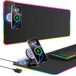 RGB Gaming Mouse Pad Wireless Charging Desk Mat with Foldable Phone Stand, Large LED Gaming Mat 800x350x4mm, 15 Light Modes, Waterproof, Keyboard Pad for PC Computer, Includes 20W PD Power Adapter