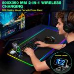 RGB Gaming Mouse Pad Wireless Charging Desk Mat with Foldable Phone Stand, Large LED Gaming Mat 800x350x4mm, 15 Light Modes, Waterproof, Keyboard Pad for PC Computer, Includes 20W PD Power Adapter