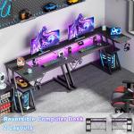 Korfile 40 Inch Gaming Desk with Power Outlet & LED Lights, L Shaped Computer Gaming Table with 3 Tiers Storage Shelves, Corner Gamer Desk with Monitor Stand for Small Space, Carbon Fiber Black