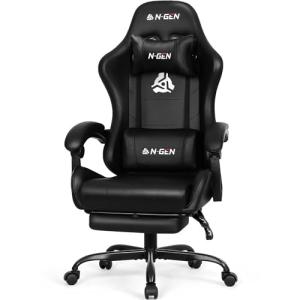 NEO CHAIR Video Gaming Chair with Footrest High Back Ergonomic Comfortable Office Computer Desk with Lumbar Support Height Adjustable with PU Leather Recliner for Adults Women Men (Black)