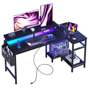 DUMOS Gaming Desk, Computer Desk with USB Charging Ports, Power Outlets, Type-C and LED Lights, Reversible L Shaped Desk with Storage Shelves & Monitor Stand for Office Gaming Room Black 48IN