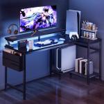 DUMOS Gaming Desk, Computer Desk with USB Charging Ports, Power Outlets, Type-C and LED Lights, Reversible L Shaped Desk with Storage Shelves & Monitor Stand for Office Gaming Room Black 48IN