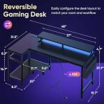 DUMOS Gaming Desk, Computer Desk with USB Charging Ports, Power Outlets, Type-C and LED Lights, Reversible L Shaped Desk with Storage Shelves & Monitor Stand for Office Gaming Room Black 48IN