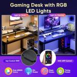 DUMOS Gaming Desk, Computer Desk with USB Charging Ports, Power Outlets, Type-C and LED Lights, Reversible L Shaped Desk with Storage Shelves & Monitor Stand for Office Gaming Room Black 48IN