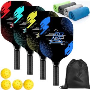 AOPOUL Pickleball Set with 4 Premium Wood Paddles, Cushion Comfort Grip, 4 Cooling Towels, 4 Pickleball Balls & Carry Bag, Pickle Ball Paddle for Men Women