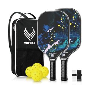 Pickleball Paddles Set of 2, USAPA Approved 99.99% Carbon Fiber Surface Pickleball Sets PP Honeycomb Core Pickleball Rackets, Lightweight Paddles with 4 Balls 1 Bag for Beginners Medium (Blue Waves)