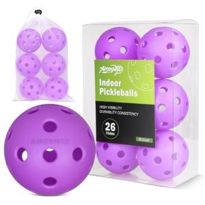 Amoswiz Indoor Pickleball Balls, 6 Pack of 26 Holes Pickleballs, USAPA Approved Indoor Pickleballs Set, High Visibility Durable Pickle Balls for Training and Tournament, Purple