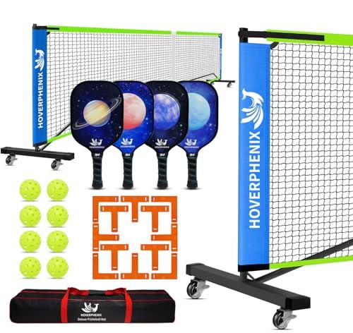 Pickleball Net Set with Wheels, Portable Pickleball Net with Fiberglass Paddles Set of 4, Outdoor Pickleballs, Court Marking Kit and Carrying Bag for Home, Driveway, Backyard