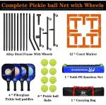 Pickleball Net Set with Wheels, Portable Pickleball Net with Fiberglass Paddles Set of 4, Outdoor Pickleballs, Court Marking Kit and Carrying Bag for Home, Driveway, Backyard