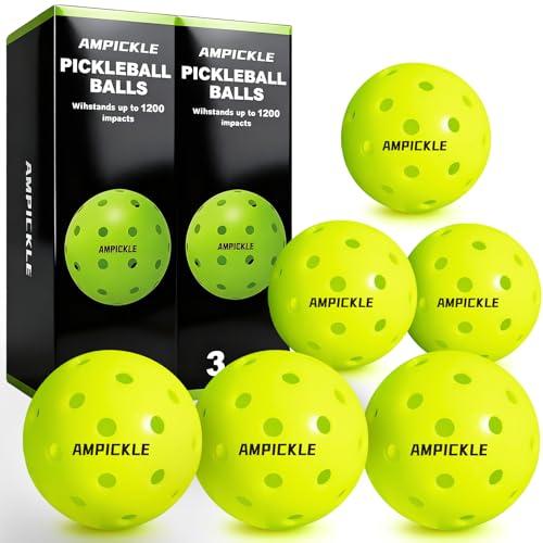 AMPICKLE Pickleball Balls，Withstands up to 1000 impacts， Crack-Resistant，40 Holes Outdoor Pickle Balls Set USAPA Official Standard，Pickle Ball for Tournament Play，3 Pack/6 Pack/12 Pack (6 Count)