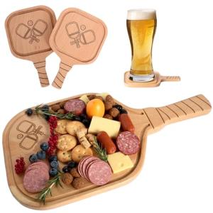 3pcs, Set of Pickleball Charcuterie & Cutting Board with 2 Drink Coasters - Funny Pickleball Christmas - Gifts for Women & Men, Unique Pickle ball Gift Ideas, Stocking Stuffers for Players & Lovers,