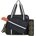 Movker Pickleball Tote Bag for Women Men with Paddle Cover Pocket External Ball Bag and Adjustable Shoulder Strap Fence Hook (Black)