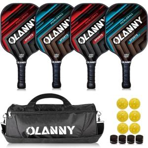 OLANNY Pickleball Paddles Set | Includes 4 Pickleball Paddles + 6 Balls+ 4 Replacement Soft Grip + 1 Portable Carry Bag | Premium Rackets Face & Polymer Honeycomb Core