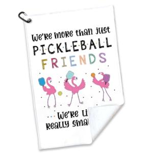 rofiowa We are More Than Just Pickleball Friends Polyester and Cotton Blend Printed Sport Towel with Clip, Pickleball Gift for Pickleball Lover, Funny Flamingo Pickleball Accessories for Men Women,