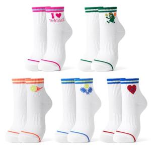 Jeasona Pickleball Socks for Women Pickleball Gifts for Women Pickle Ball Lovers- 5 Pairs Funny Cotton Ankle Socks with Arch Support, Athletic Socks US Size 6-9