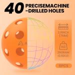 Akiefb Pro-Grade 40-Hole Outdoor/Indoor Pickleball Balls(6Pack) High Bounce, Durable Construction with Wind-Resistant Design, Built for Practice & Rec for Competitive Play(Orange)