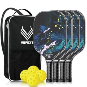 Pickleball Paddles Set of 4, USAPA Approved 99.99% Carbon Fiber Surface Pickleball Sets PP Honeycomb Core Pickleball Rackets, Lightweight Paddles with 4 Balls 1 Bag for Beginners Medium (Blue Waves)