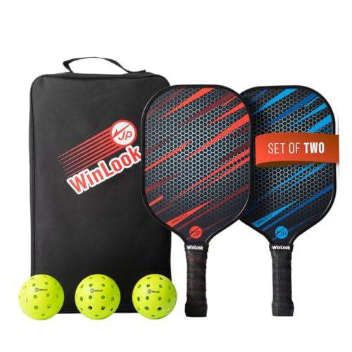 JP WinLook Pickleball Paddles Set - Fiberglass Rackets for Beginners to Professional Skill Levels - for Indoor or Outdoor Play - Includes 2 Premium Racquets, 3 Pickleballs, & a Carrying Bag