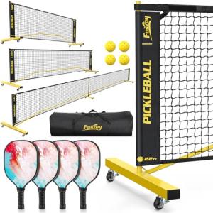 Pickleball Set Net with 4 Paddles, 6FT/11FT/22FT Portable 3-in-1 Pickle Ball Net with Carry Bag, Pickleballs, Designed for All Weather Conditions (3-in-1 Pickleball net with Rackets)